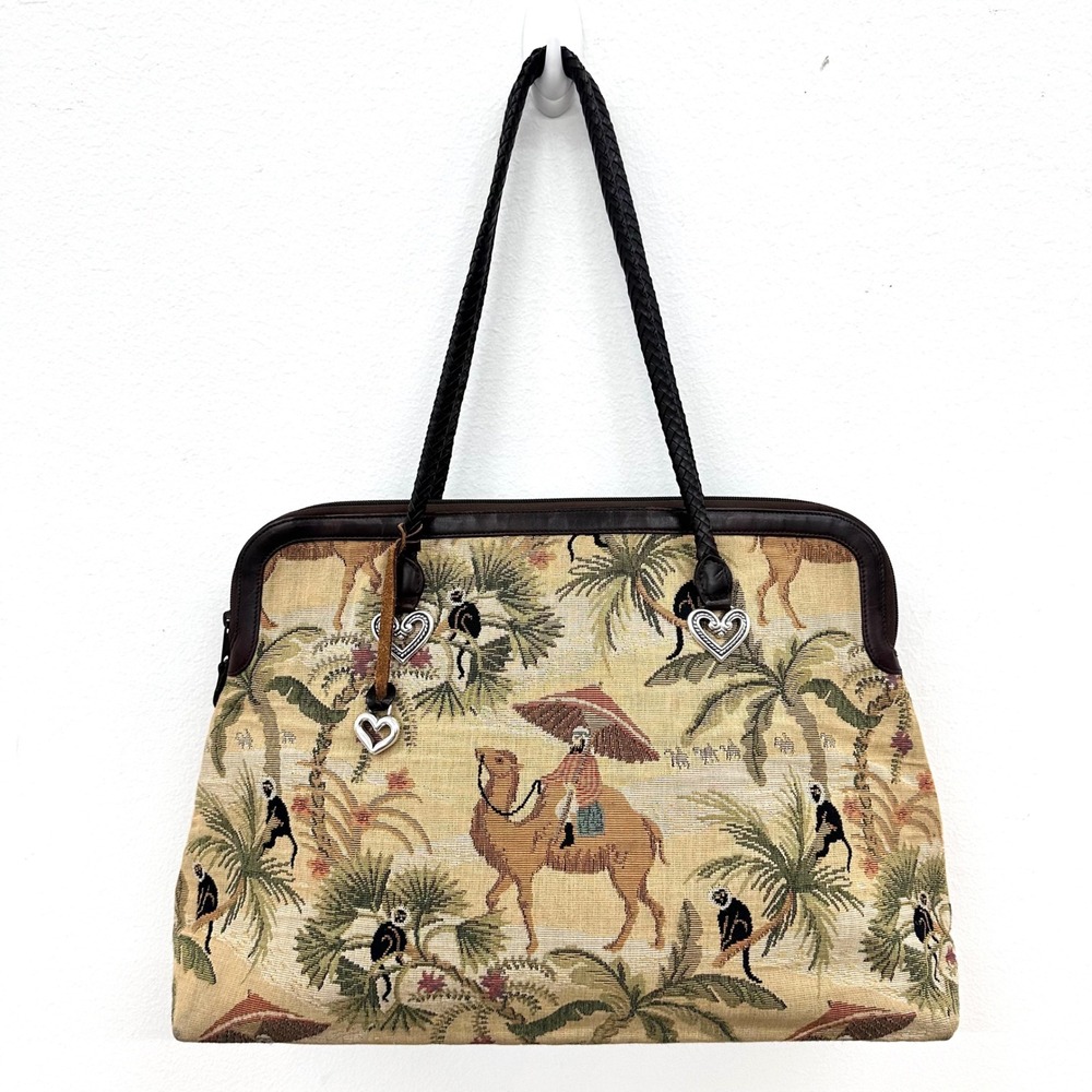 Vintage Brighton Tapestry Weekend Tote Bag Leather Straps Camel Large Safari
